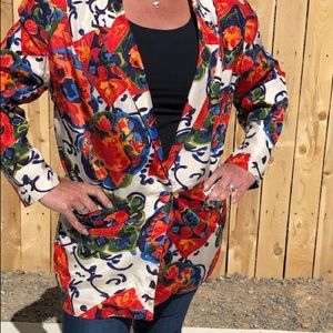 Carol Horn Workshop VTG Floral Oversized Silk Blazer w/ Shoulder Pads Boxy Lrg